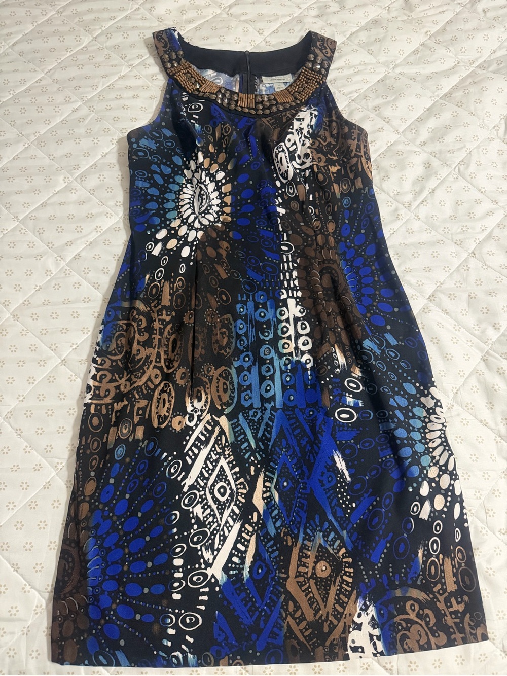 dressbarn Blue, Brown & White Beaded-Neck Midi Dress